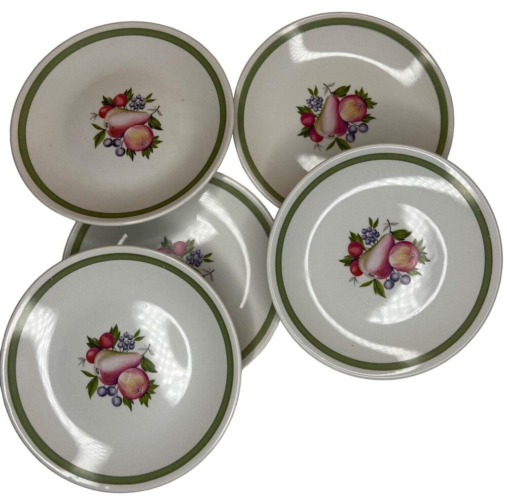 Vintage Set 5 Ridgway Pottery Fruit Plates Evesham England Green Border Dessert